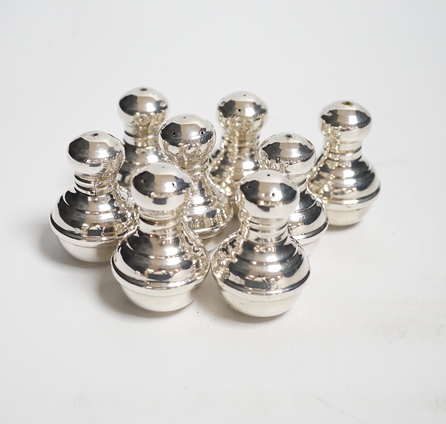 A set of eight 20th century Persian 900 standard white metal salt and pepper condiments, 50mm, 6.4oz.